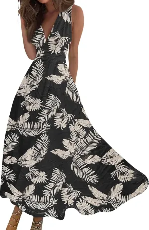 Maxi Dresses for Women 2025 Casual Trendy Summer A Line Flowy Dress Floral V Neck Sleeveless Formal Sundresses