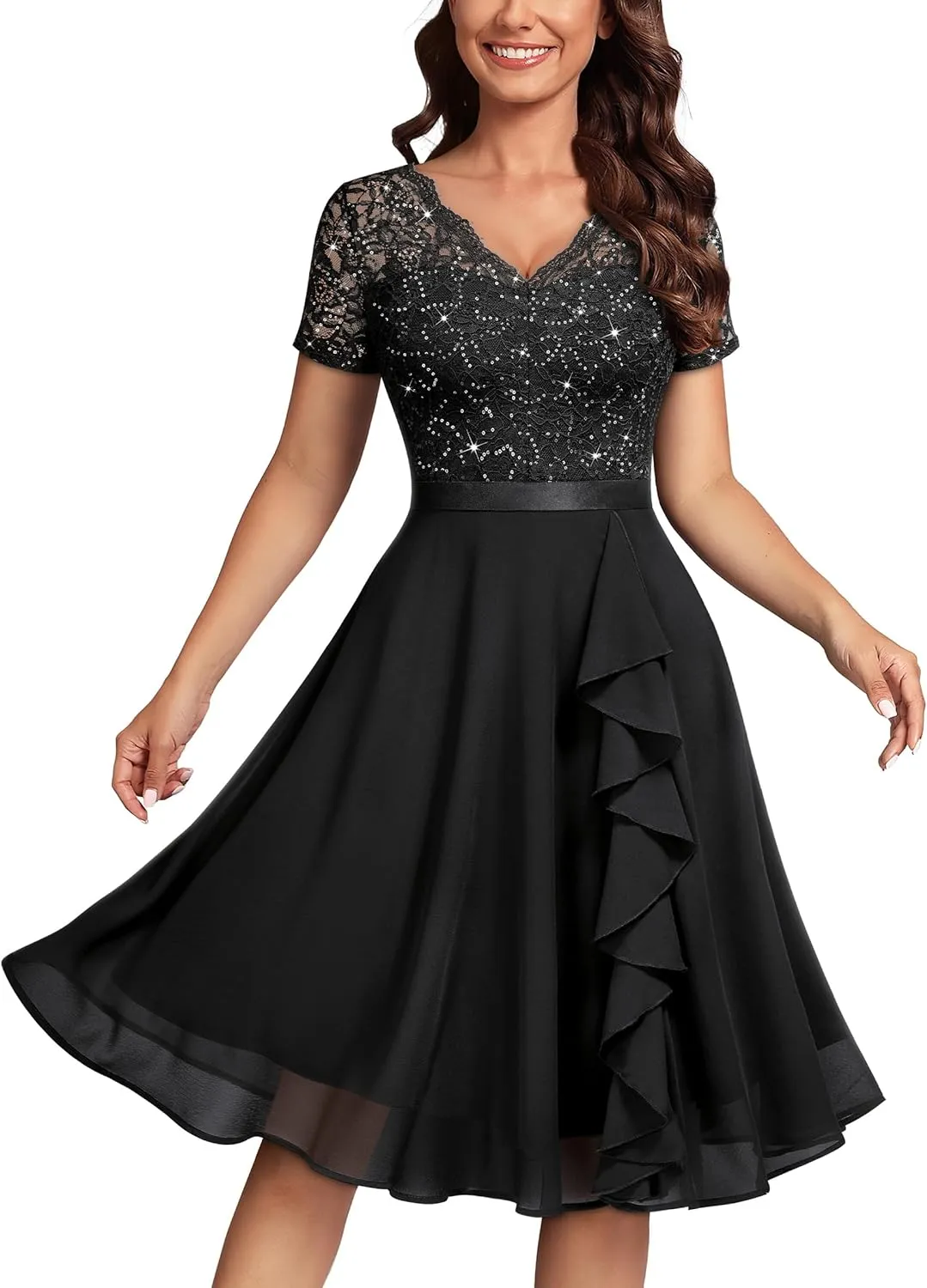MISSMAY Women's Elegant Style Sequin Lace A-Line Cocktail Party Dress