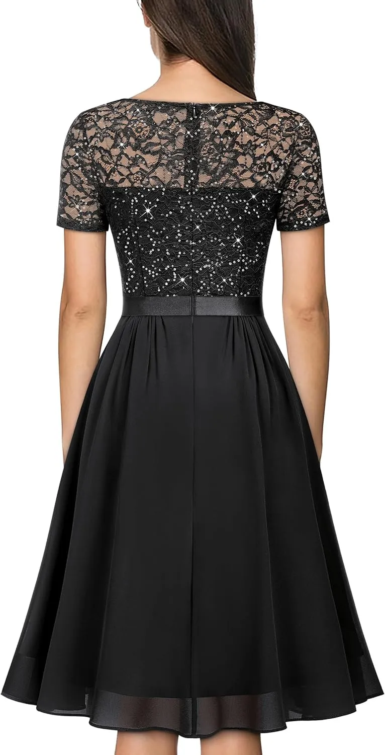 MISSMAY Women's Elegant Style Sequin Lace A-Line Cocktail Party Dress