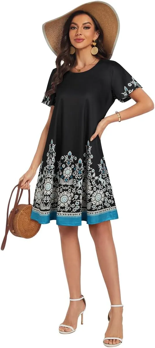 My Sky Women Summer Dresses Casual Short Sleeves Tshirt Cute Flowy Beach Plus Size Sundress with Pockets