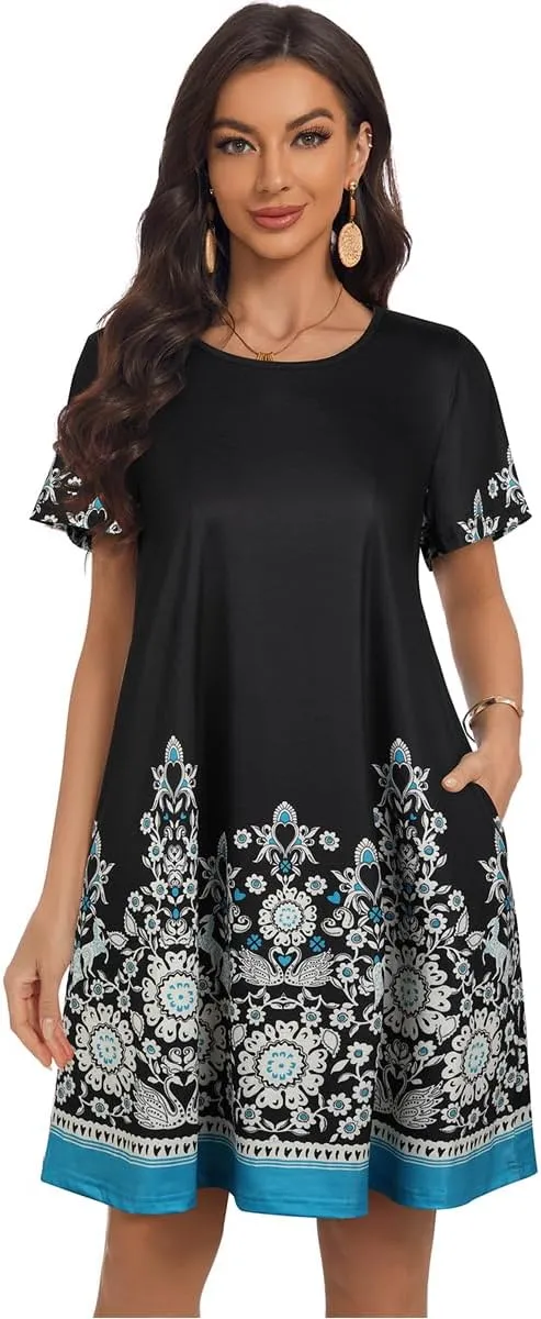 My Sky Women Summer Dresses Casual Short Sleeves Tshirt Cute Flowy Beach Plus Size Sundress with Pockets