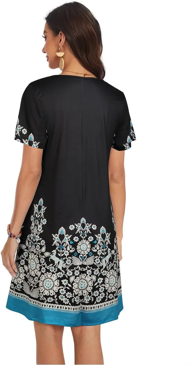 My Sky Women Summer Dresses Casual Short Sleeves Tshirt Cute Flowy Beach Plus Size Sundress with Pockets