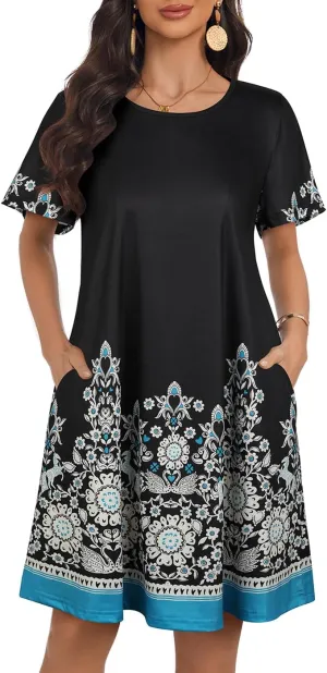 My Sky Women Summer Dresses Casual Short Sleeves Tshirt Cute Flowy Beach Plus Size Sundress with Pockets