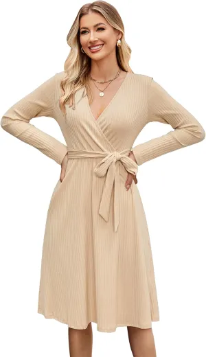 Newshows Womens 2025 Fall Sweater Dress Long Sleeve Business Casual Outfits V Neck Ribbed Knit Belt Trendy with Pockets