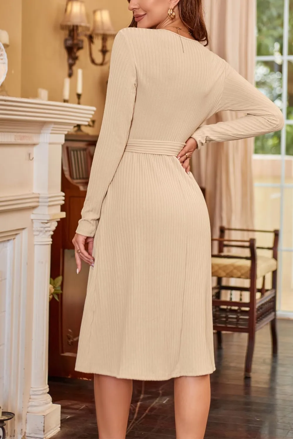 Newshows Womens 2025 Fall Sweater Dress Long Sleeve Business Casual Outfits V Neck Ribbed Knit Belt Trendy with Pockets