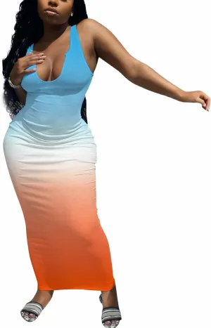 Nimsruc Women Casual Sexy Deep U Neck Tank Top Bodycon Dress Summer Sleeveless Wrap Long Basic Party Club Maxi Dresses