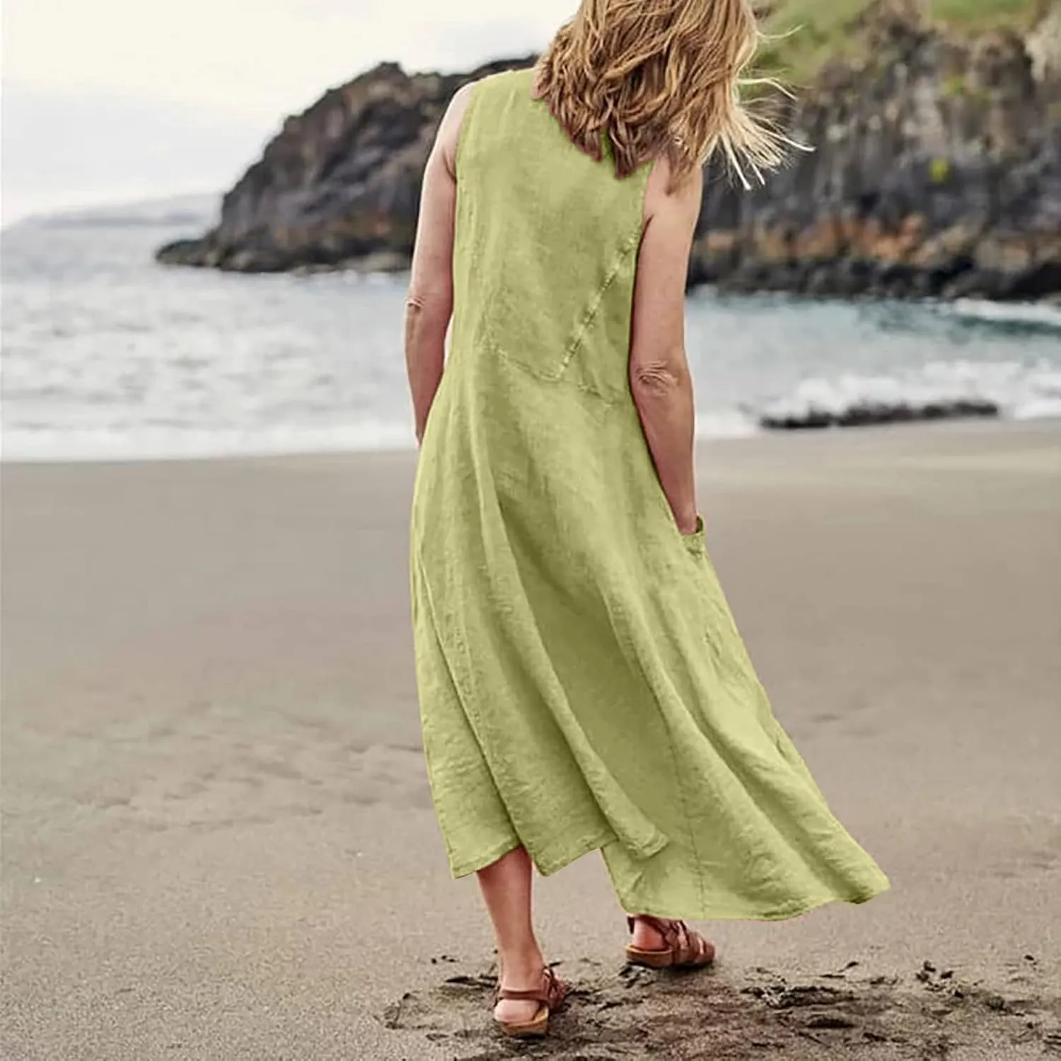 Plus Size Cotton Linen Summer Dresses for Curvy Women 2025 Sleeveless Maxi Vacation Beach Sundresses with Pockets