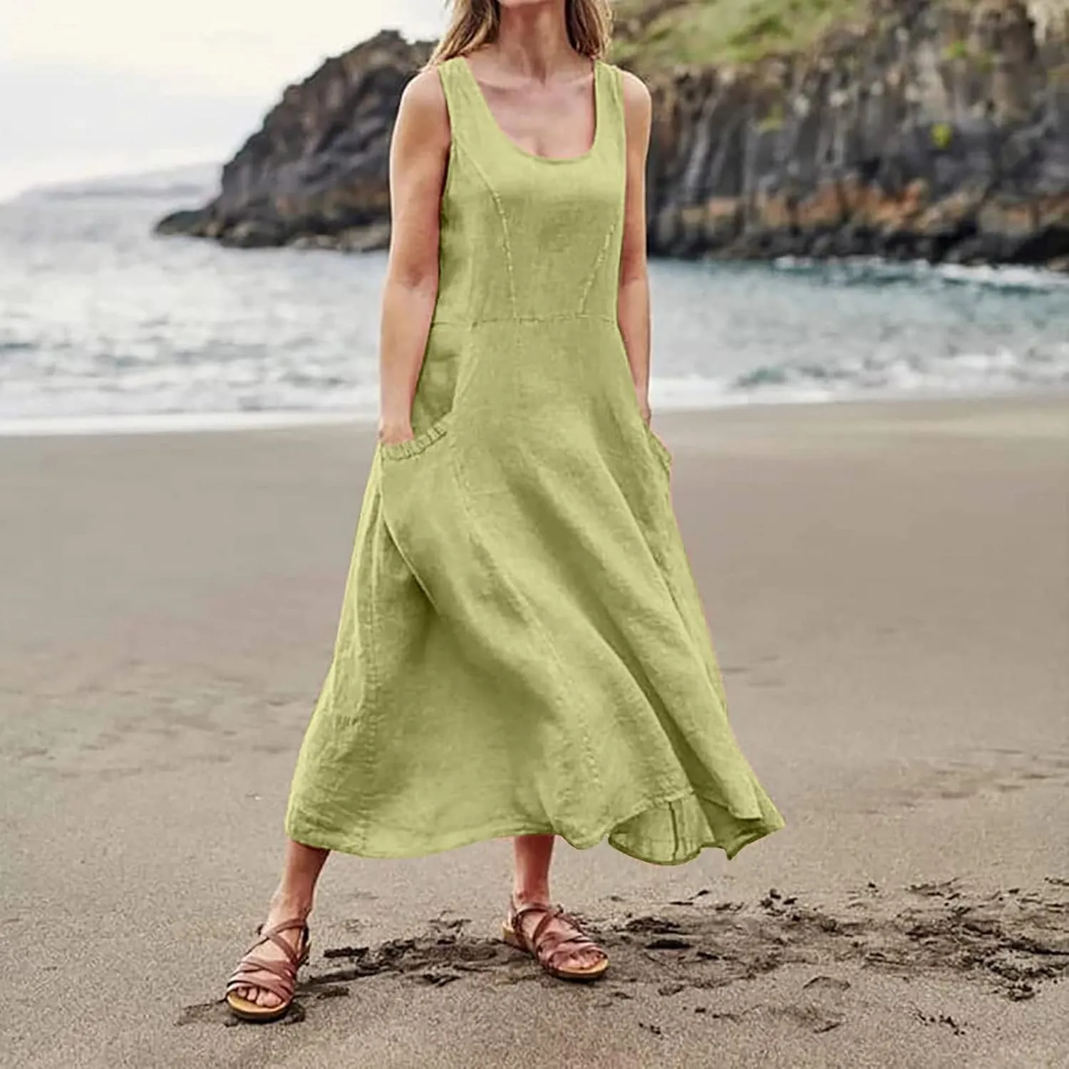 Plus Size Cotton Linen Summer Dresses for Curvy Women 2025 Sleeveless Maxi Vacation Beach Sundresses with Pockets