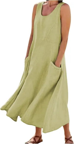 Plus Size Cotton Linen Summer Dresses for Curvy Women 2025 Sleeveless Maxi Vacation Beach Sundresses with Pockets