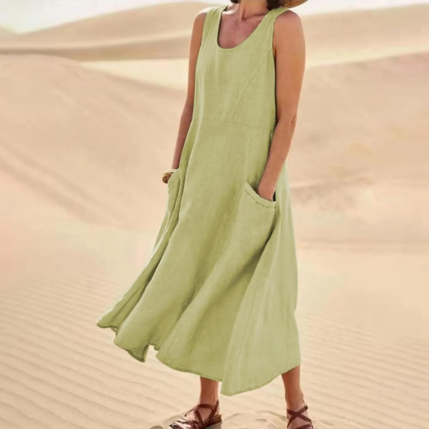 Plus Size Cotton Linen Summer Dresses for Curvy Women 2025 Sleeveless Maxi Vacation Beach Sundresses with Pockets