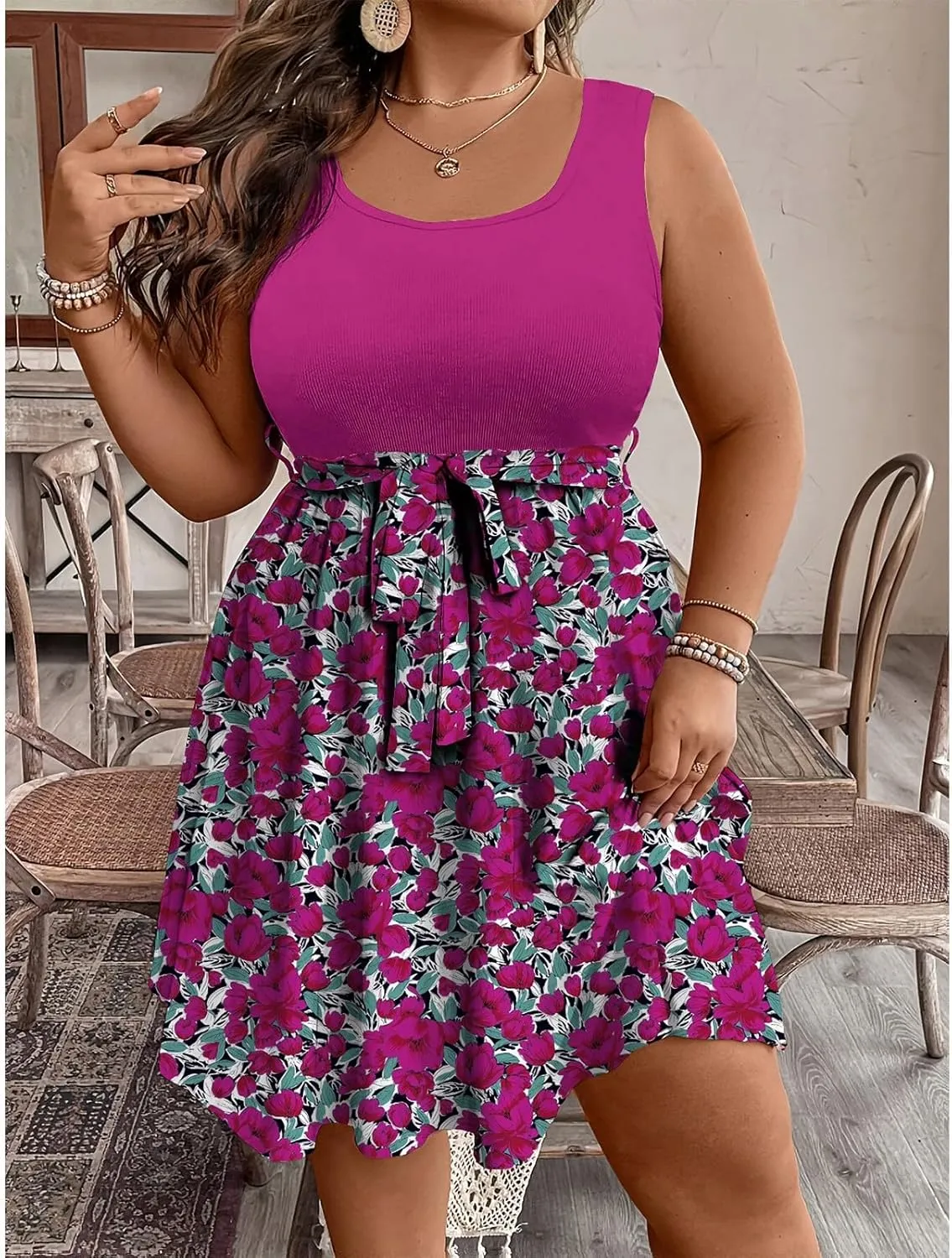 Plus Size Summer Sundress for Women Empire Waist Sleeveless Semi Formal Floral Dress Midi Length Belted Dresses