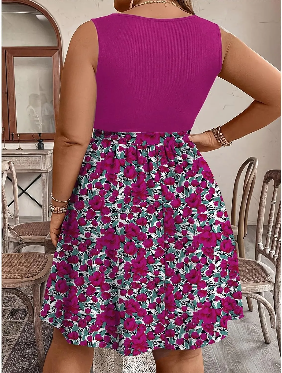 Plus Size Summer Sundress for Women Empire Waist Sleeveless Semi Formal Floral Dress Midi Length Belted Dresses