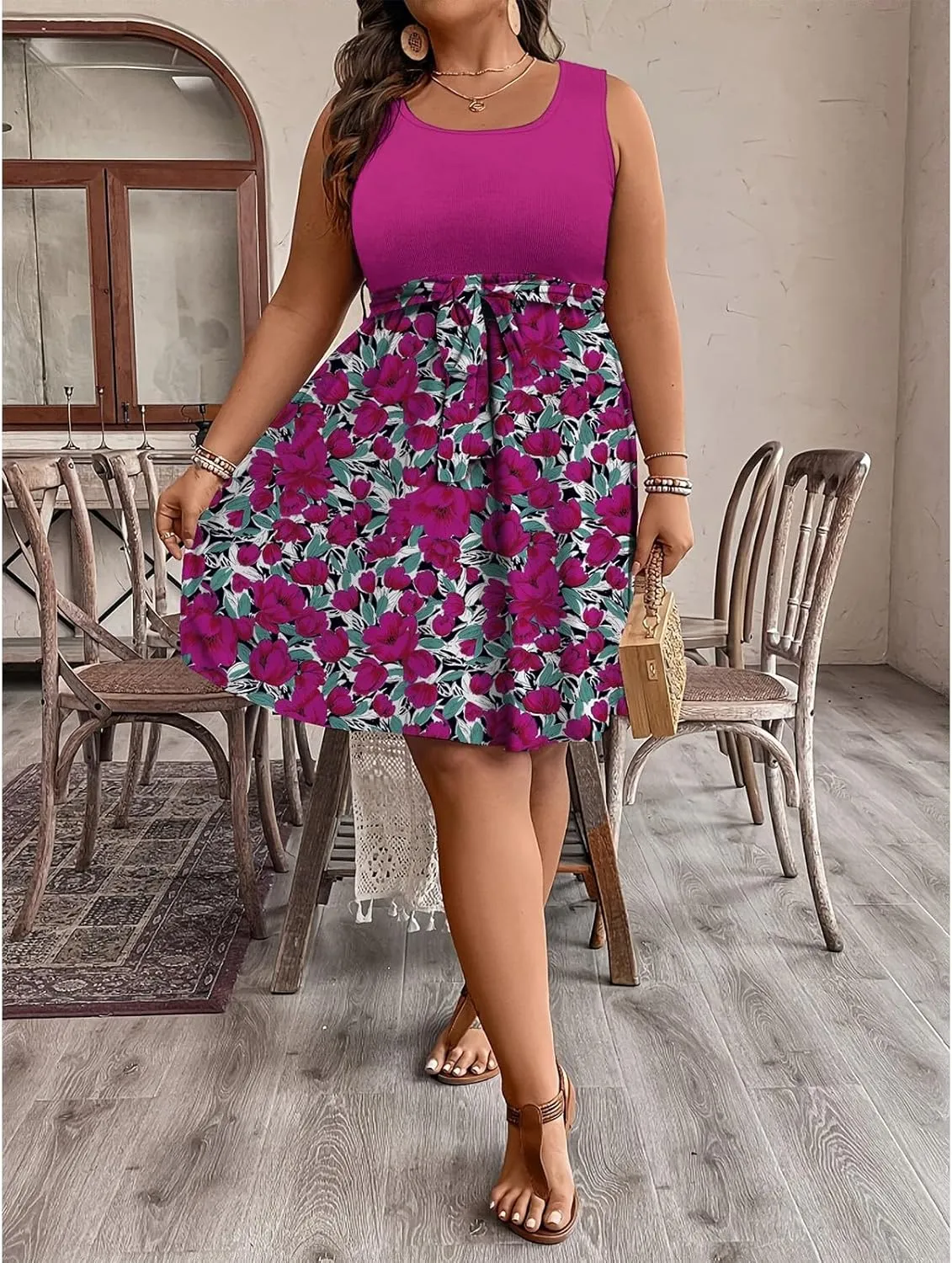 Plus Size Summer Sundress for Women Empire Waist Sleeveless Semi Formal Floral Dress Midi Length Belted Dresses