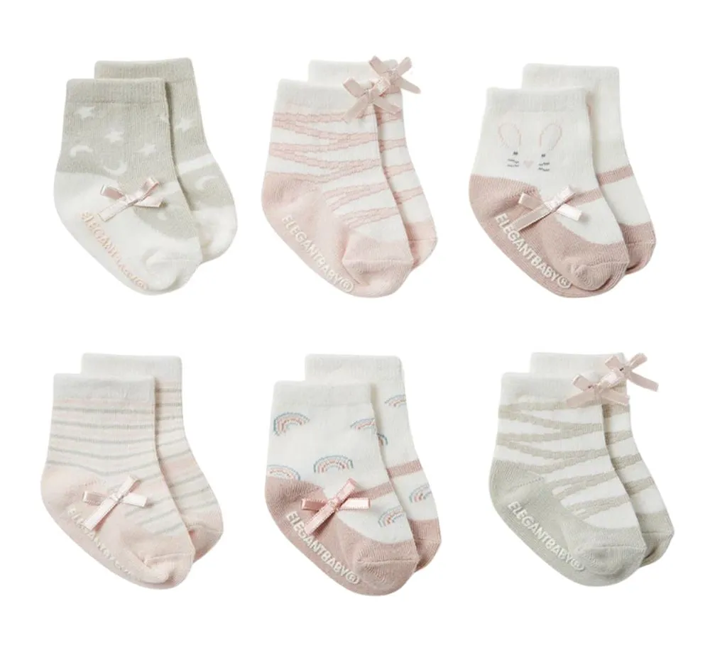 Socks 6Pk Mary Jane Pink 0-12M