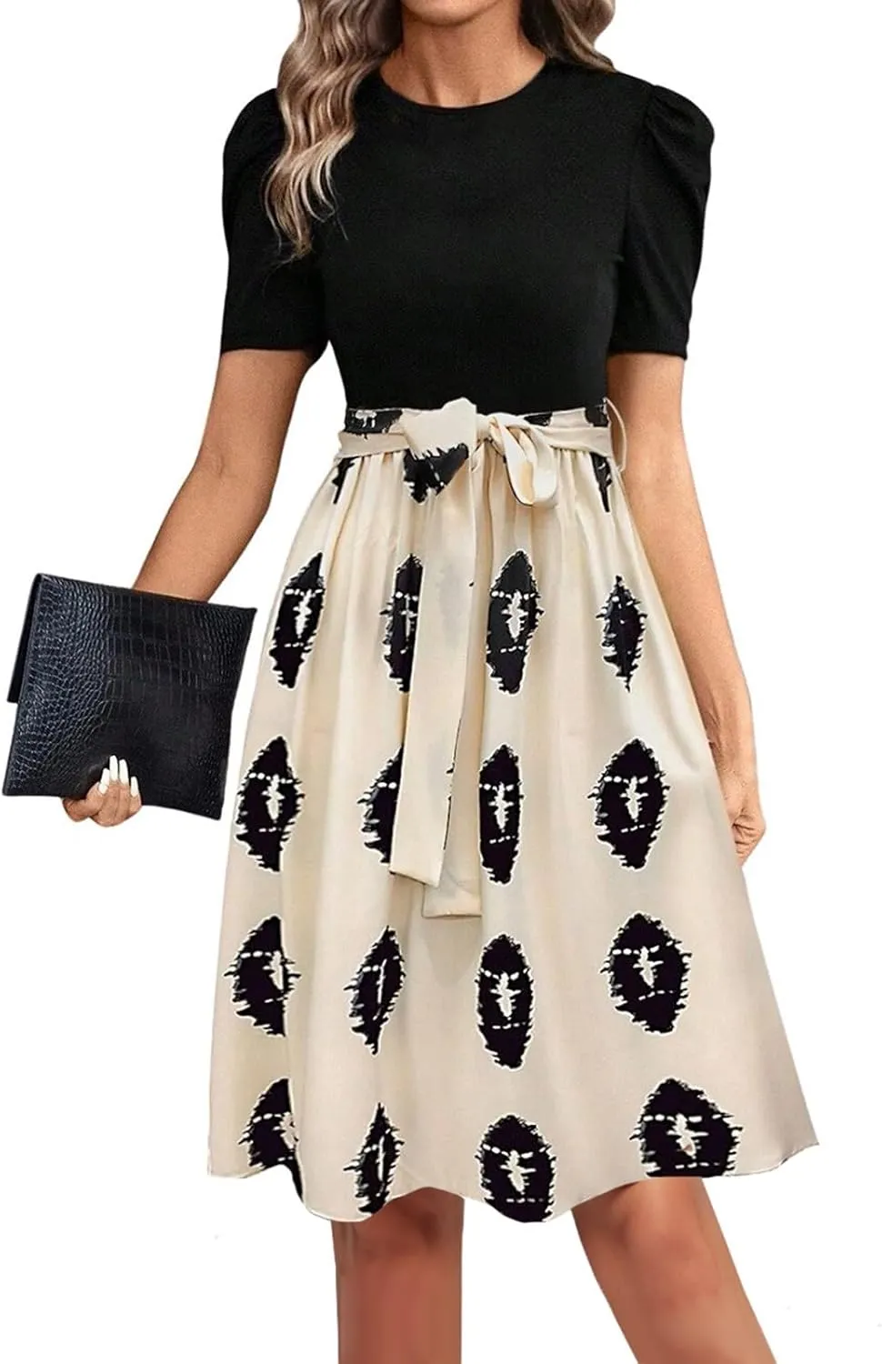 Summer Dresses for Women 2025 Puff Short Sleeve Empire Waist Belted Knee Length Floral Dress A Line Flowy Tea Dresses