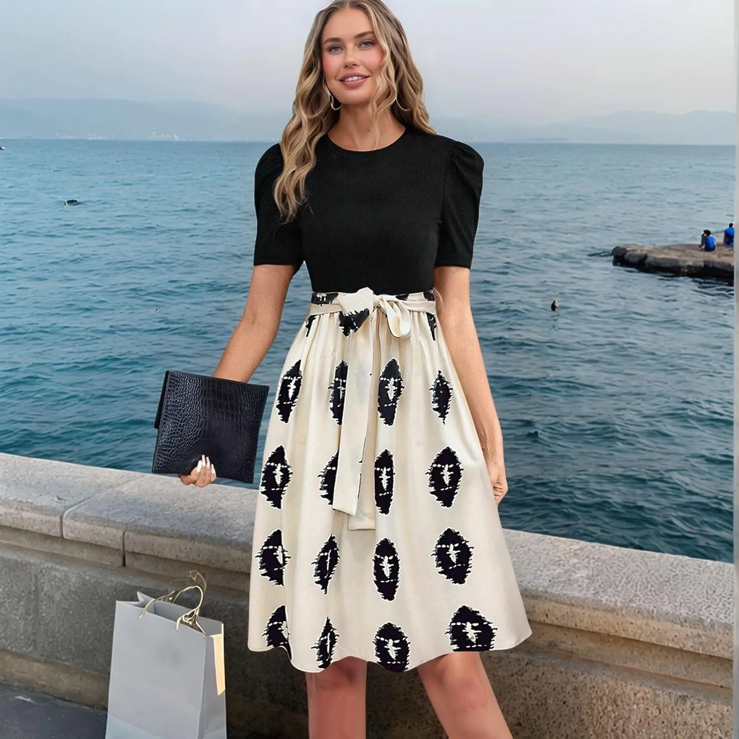Summer Dresses for Women 2025 Puff Short Sleeve Empire Waist Belted Knee Length Floral Dress A Line Flowy Tea Dresses