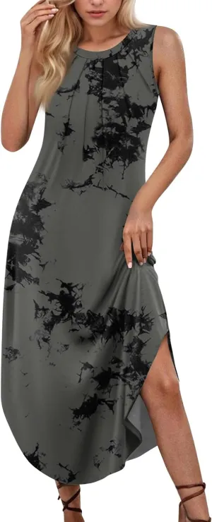 Summer Dresses for Women Loose Sundresses Prited Beach Tshirt Tank Dresses Casual Sleeveless Maxi Long Dress with Pockets