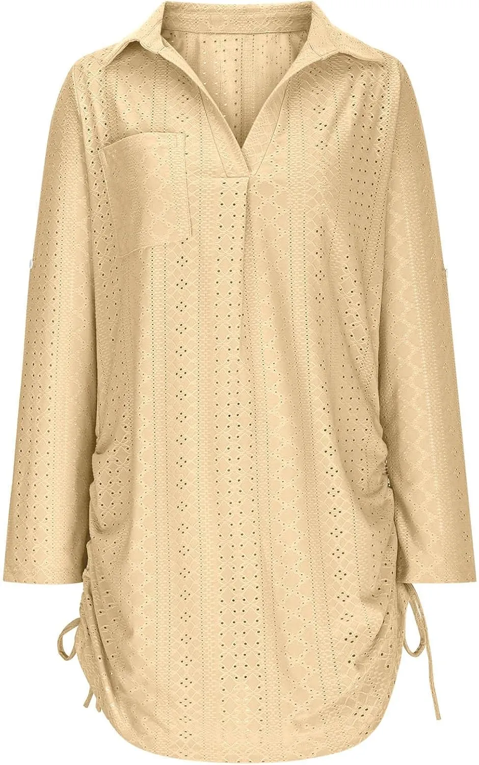 Summer Eyelet Beach Cover Up Dress for Women Lapel V Neck Roll Up Long Sleeve Drawstring Side Ruched Short Mini Dresses