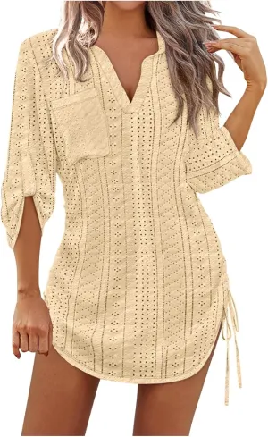 Summer Eyelet Beach Cover Up Dress for Women Lapel V Neck Roll Up Long Sleeve Drawstring Side Ruched Short Mini Dresses