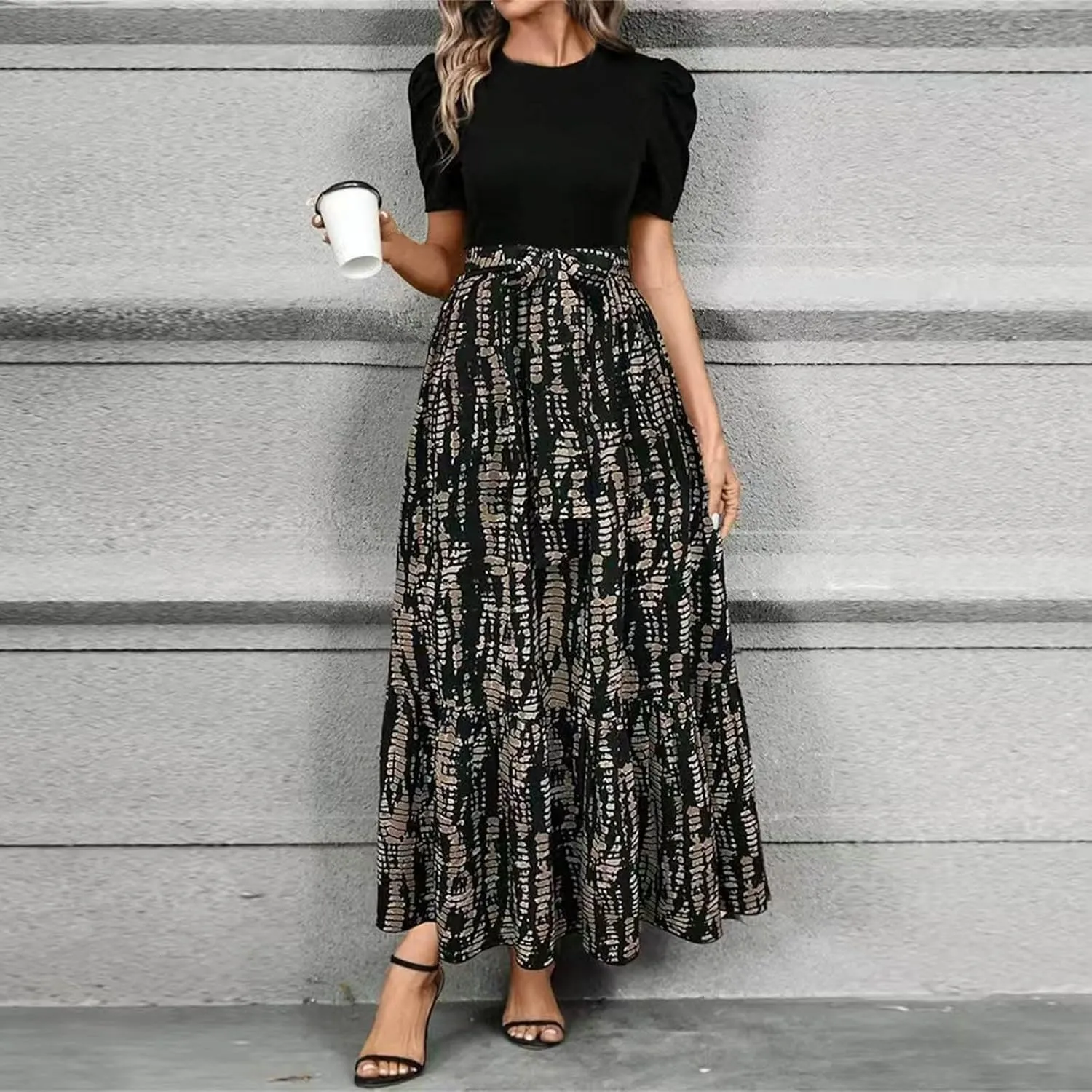 Summer Maxi Dresses for Women 2025 Elegant Short Sleeve Crewneck Floral Patchwork Tie Wasit Flowy Semi-Formal Dress,S-2XL