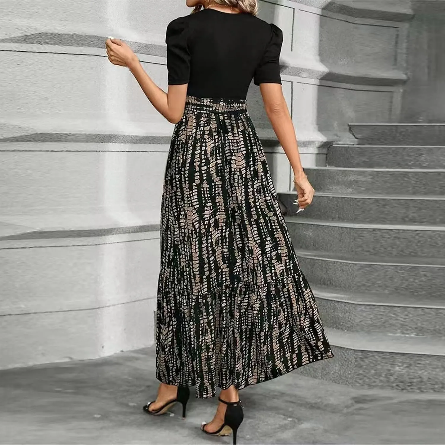 Summer Maxi Dresses for Women 2025 Elegant Short Sleeve Crewneck Floral Patchwork Tie Wasit Flowy Semi-Formal Dress,S-2XL