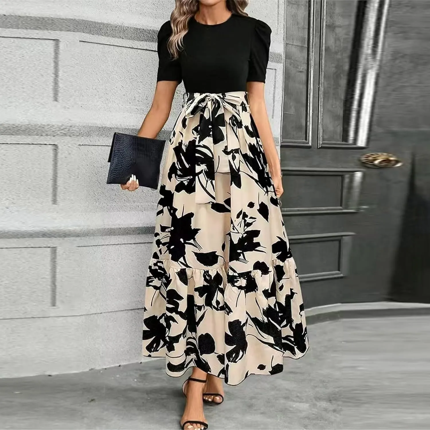 Summer Maxi Dresses for Women 2025 Elegant Short Sleeve Crewneck Floral Patchwork Tie Wasit Flowy Semi-Formal Dress,S-2XL