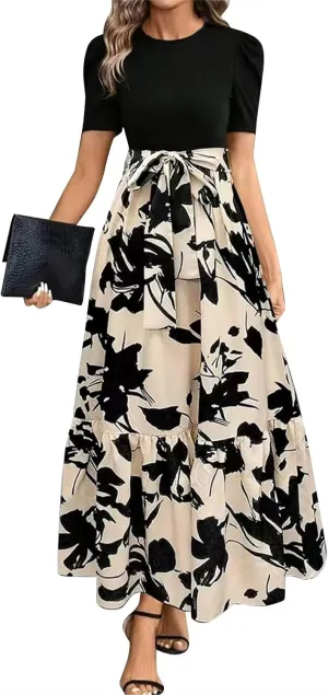 Summer Maxi Dresses for Women 2025 Elegant Short Sleeve Crewneck Floral Patchwork Tie Wasit Flowy Semi-Formal Dress,S-2XL