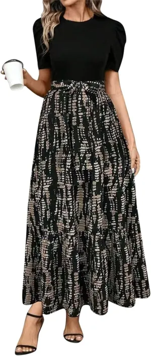 Summer Maxi Dresses for Women 2025 Elegant Short Sleeve Crewneck Floral Patchwork Tie Wasit Flowy Semi-Formal Dress,S-2XL