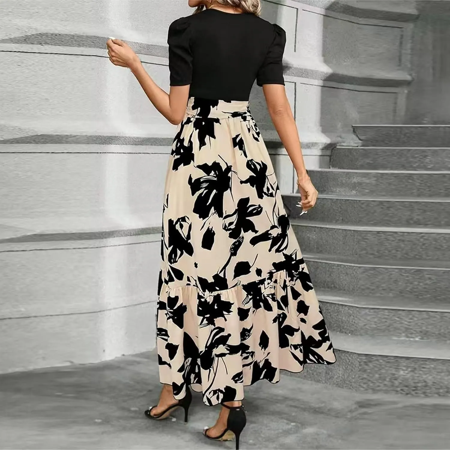Summer Maxi Dresses for Women 2025 Elegant Short Sleeve Crewneck Floral Patchwork Tie Wasit Flowy Semi-Formal Dress,S-2XL