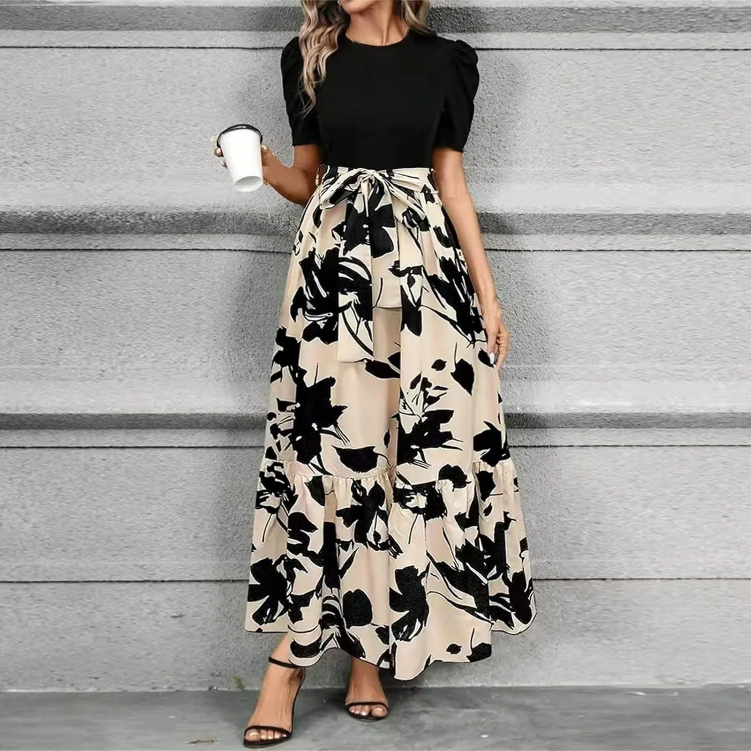 Summer Maxi Dresses for Women 2025 Elegant Short Sleeve Crewneck Floral Patchwork Tie Wasit Flowy Semi-Formal Dress,S-2XL