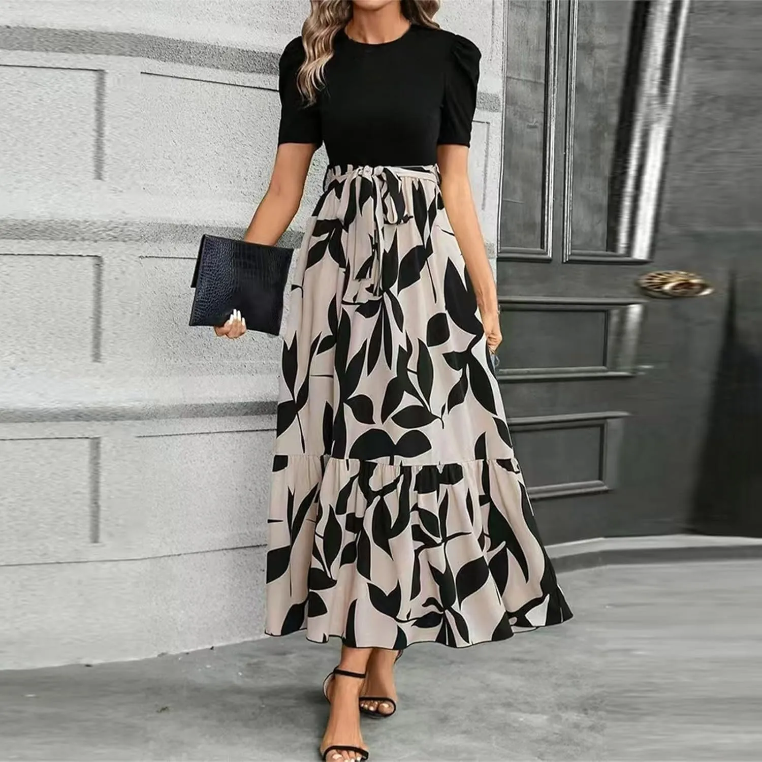 Summer Maxi Dresses for Women 2025 Elegant Short Sleeve Crewneck Floral Patchwork Tie Wasit Flowy Semi-Formal Dress,S-2XL