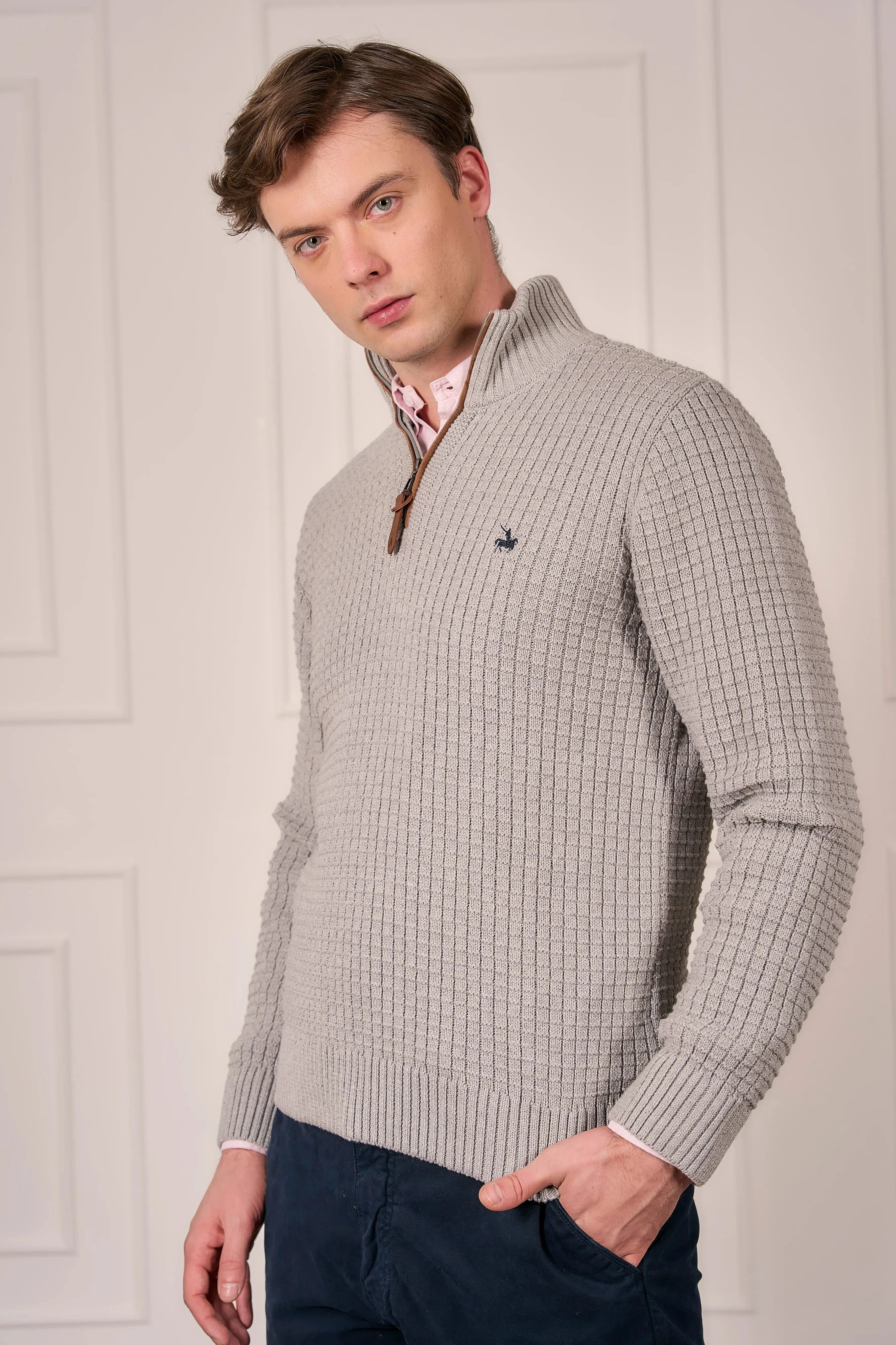 Suéter Halfzip Waffle Hombre Gris Claro