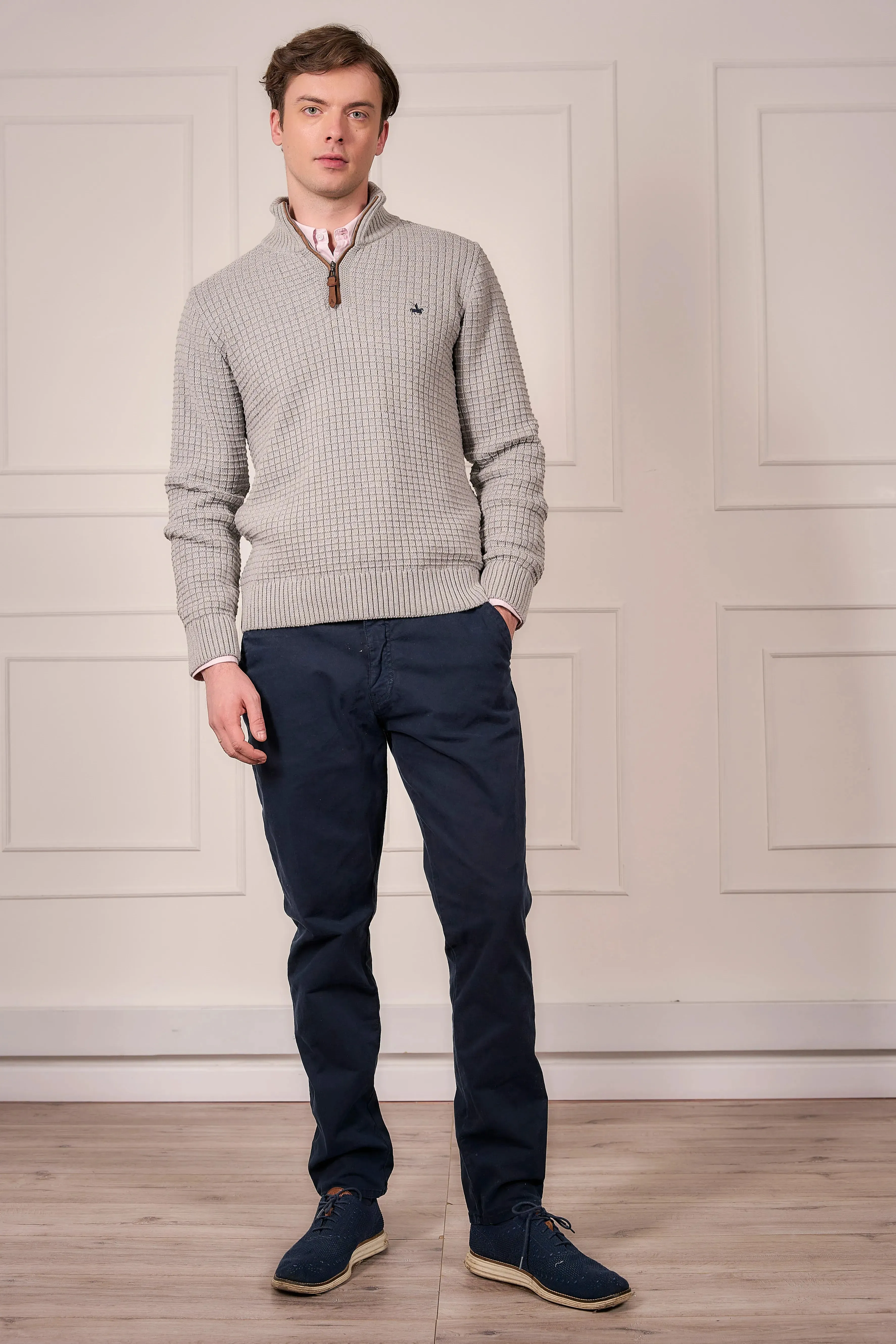 Suéter Halfzip Waffle Hombre Gris Claro