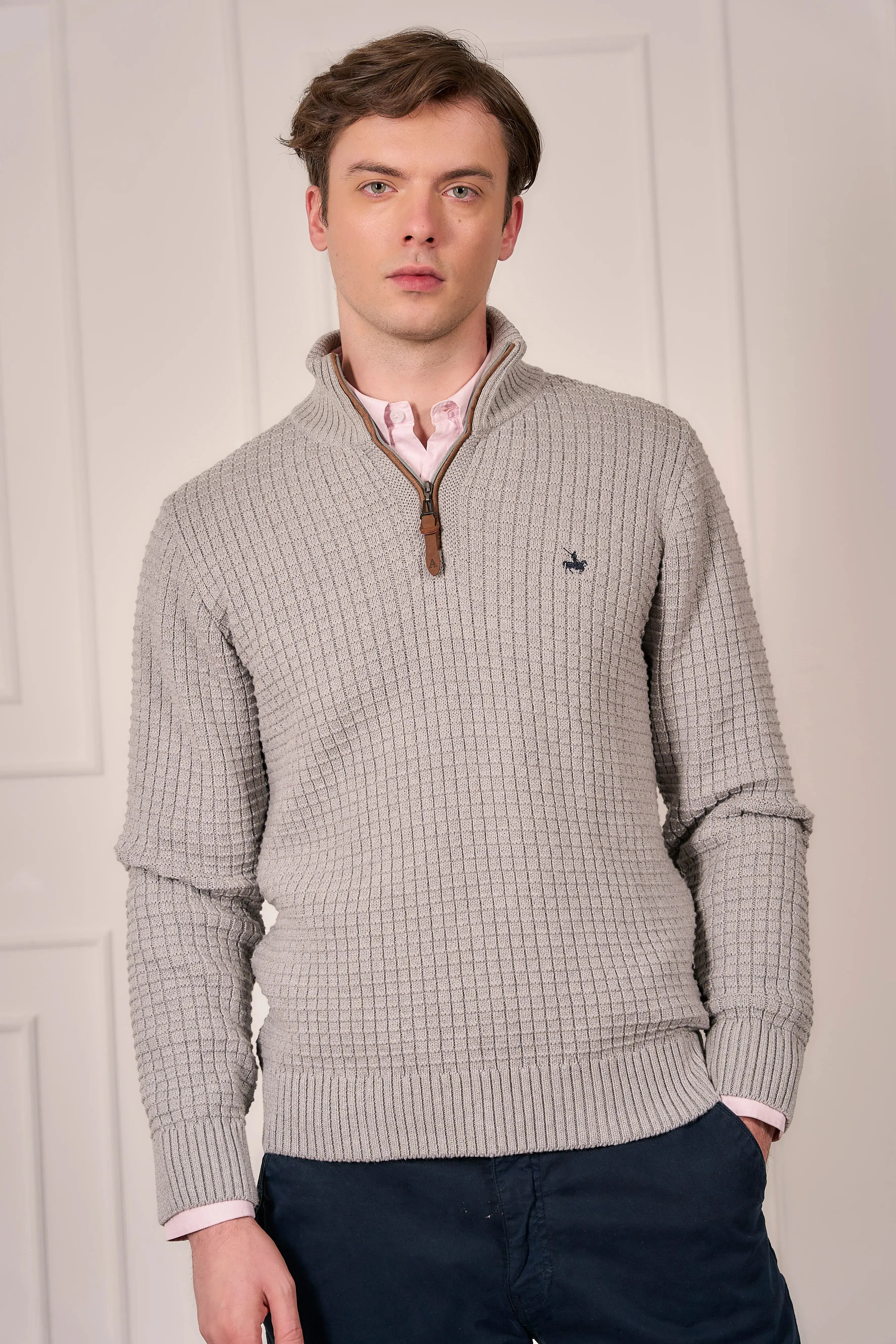 Suéter Halfzip Waffle Hombre Gris Claro