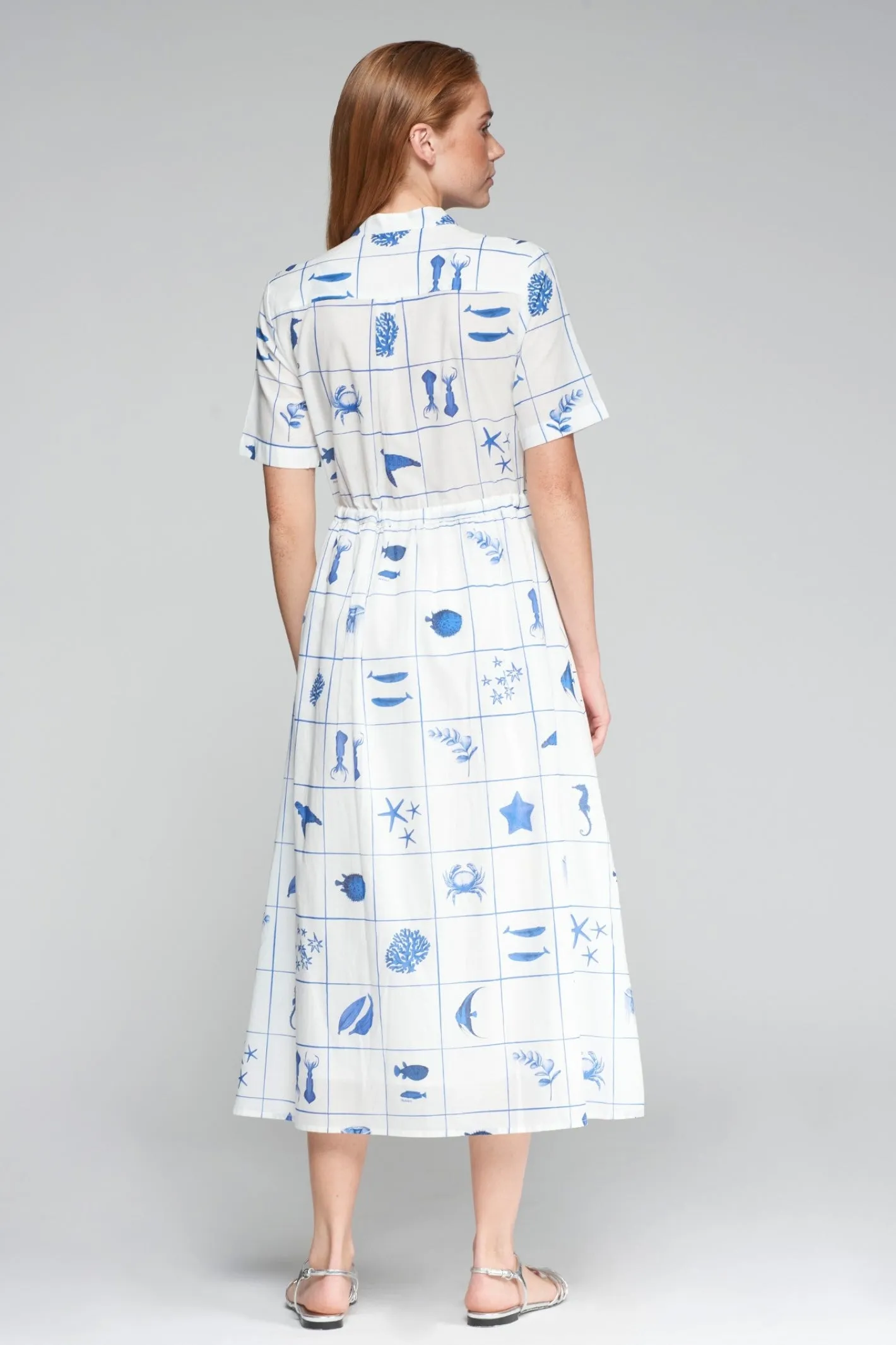 Vilagallo 32002 Dress Aroa Motivos Marinos Azules – White Midi Dress with Blue Marine Animal Print
