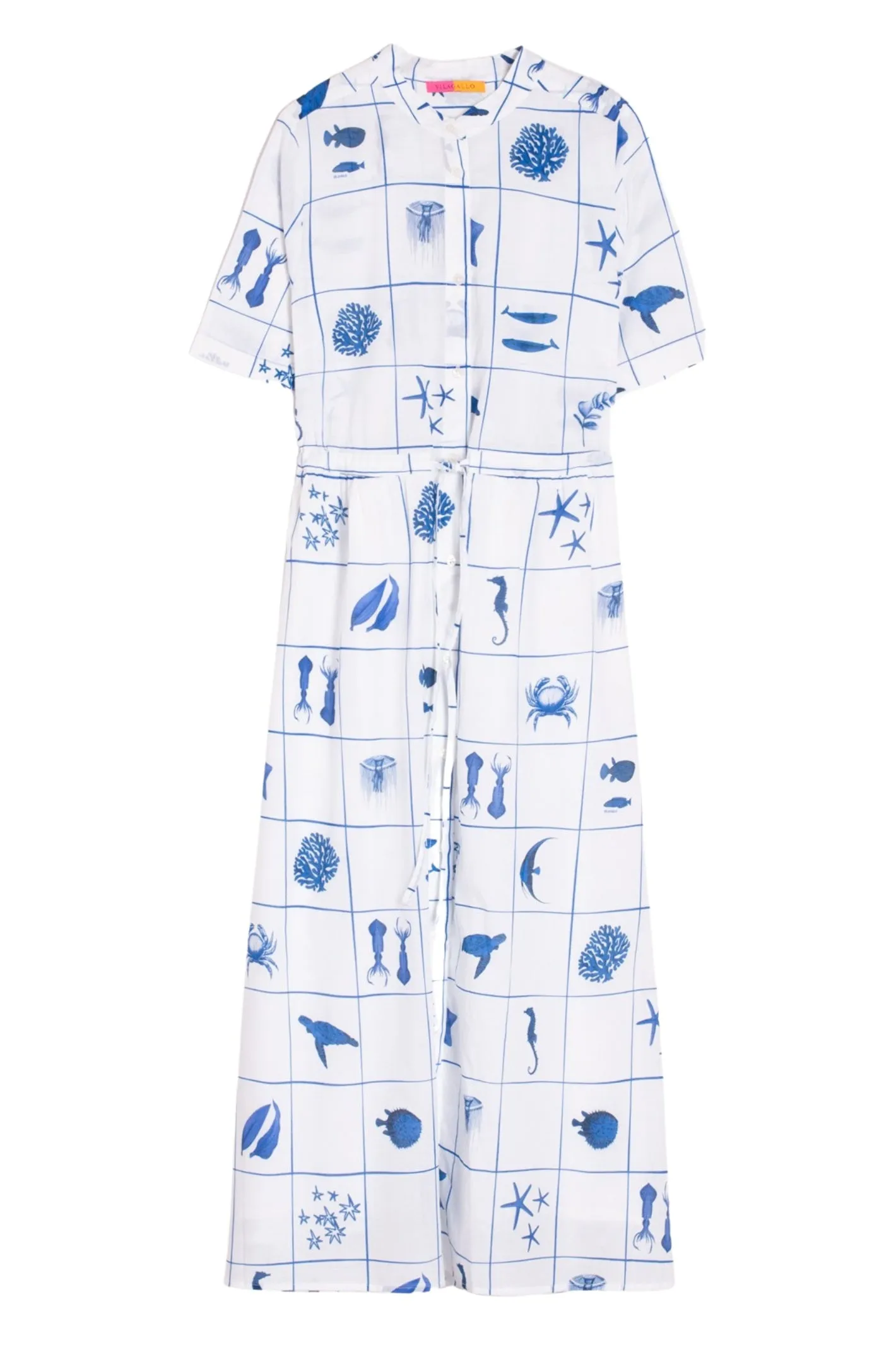 Vilagallo 32002 Dress Aroa Motivos Marinos Azules – White Midi Dress with Blue Marine Animal Print