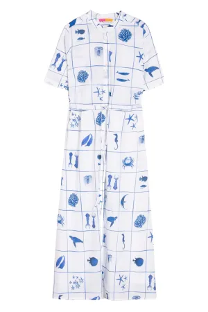 Vilagallo 32002 Dress Aroa Motivos Marinos Azules – White Midi Dress with Blue Marine Animal Print