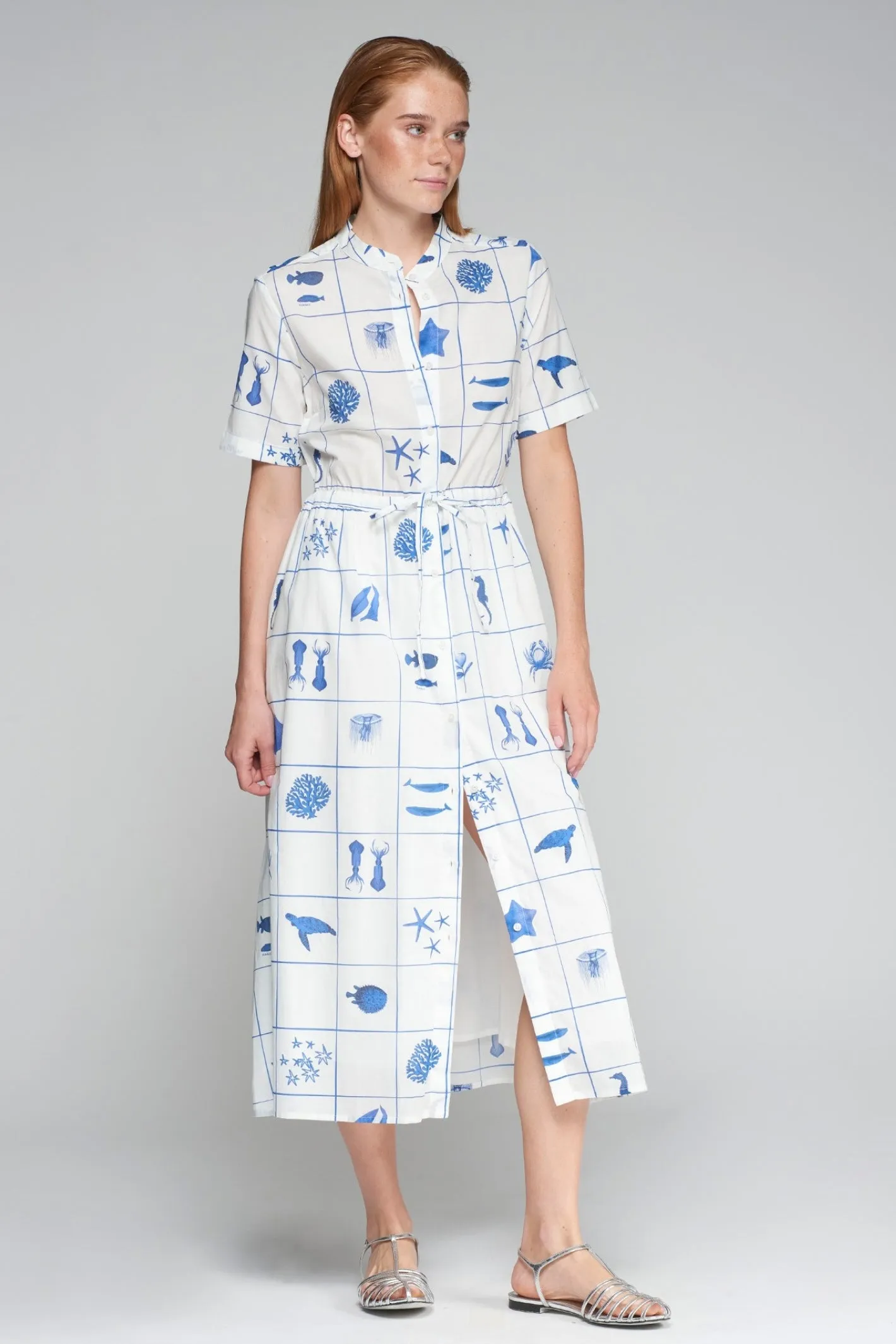 Vilagallo 32002 Dress Aroa Motivos Marinos Azules – White Midi Dress with Blue Marine Animal Print