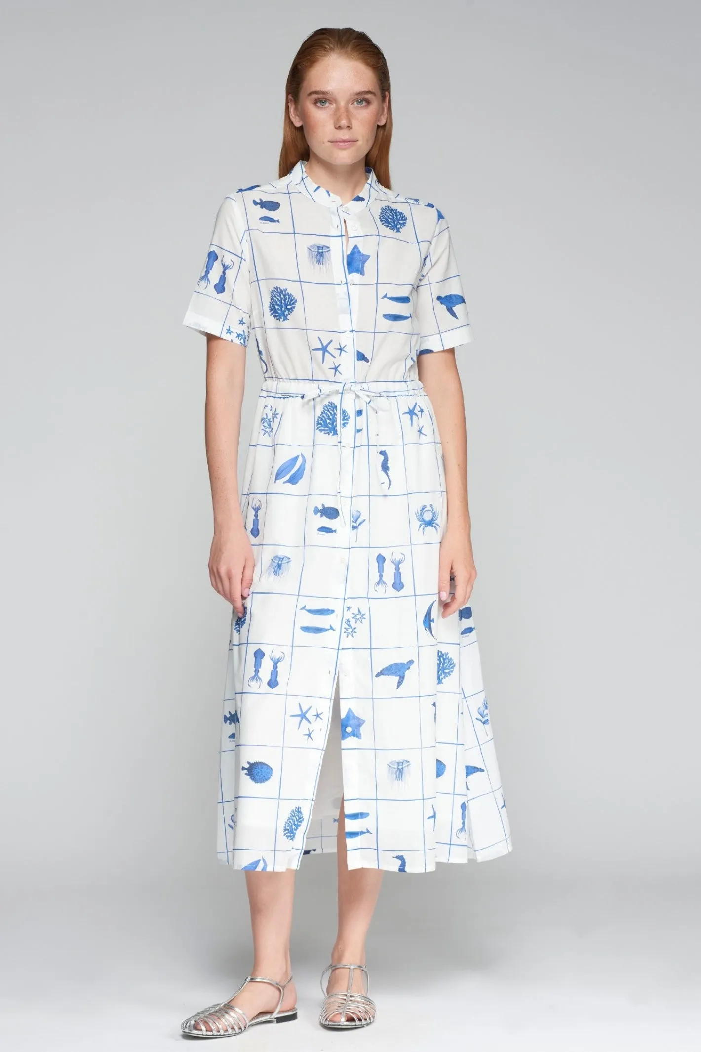 Vilagallo 32002 Dress Aroa Motivos Marinos Azules – White Midi Dress with Blue Marine Animal Print