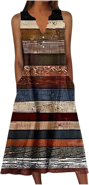 Women Boho Floral Print Midi Sun Dresses Casual Sleeveless Loose Flowy Dress Elegant Summer Beach Sundress with Pocket
