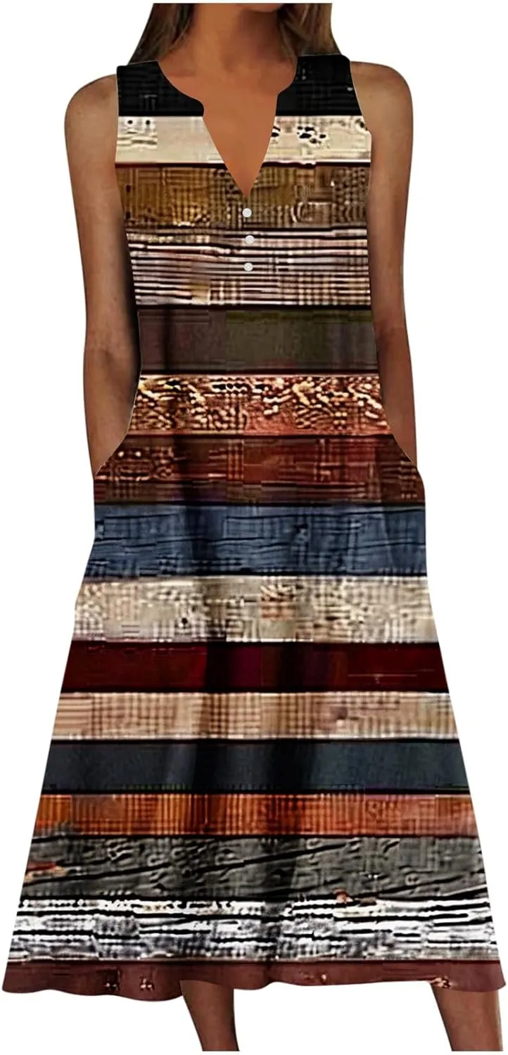 Women Boho Floral Print Midi Sun Dresses Casual Sleeveless Loose Flowy Dress Elegant Summer Beach Sundress with Pocket