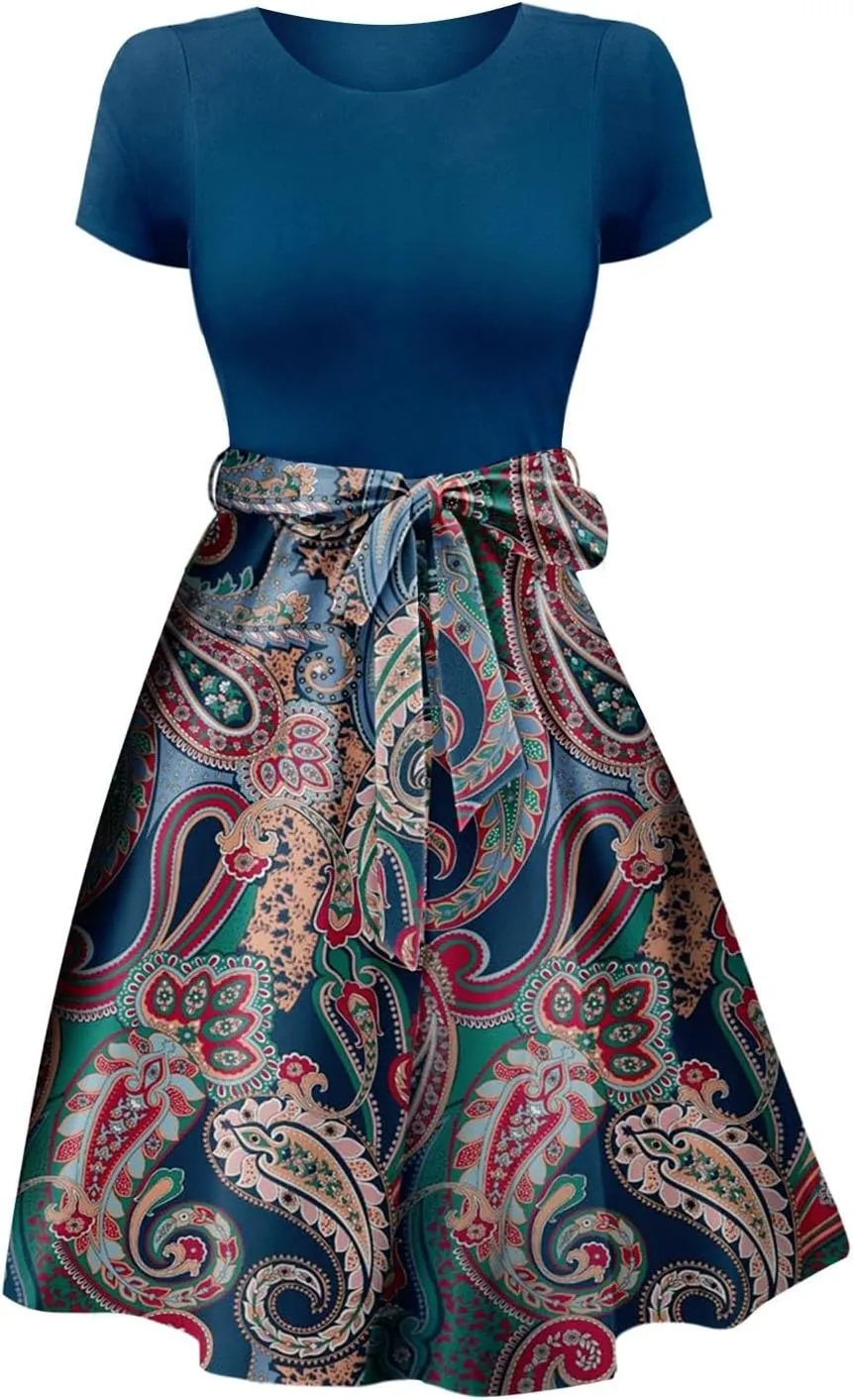 Women Summer Floral Dresses Tie Belted Patchwork Elegant Boho Empire Waist Short Sleeve Midi Length Flowy Maxi Dress
