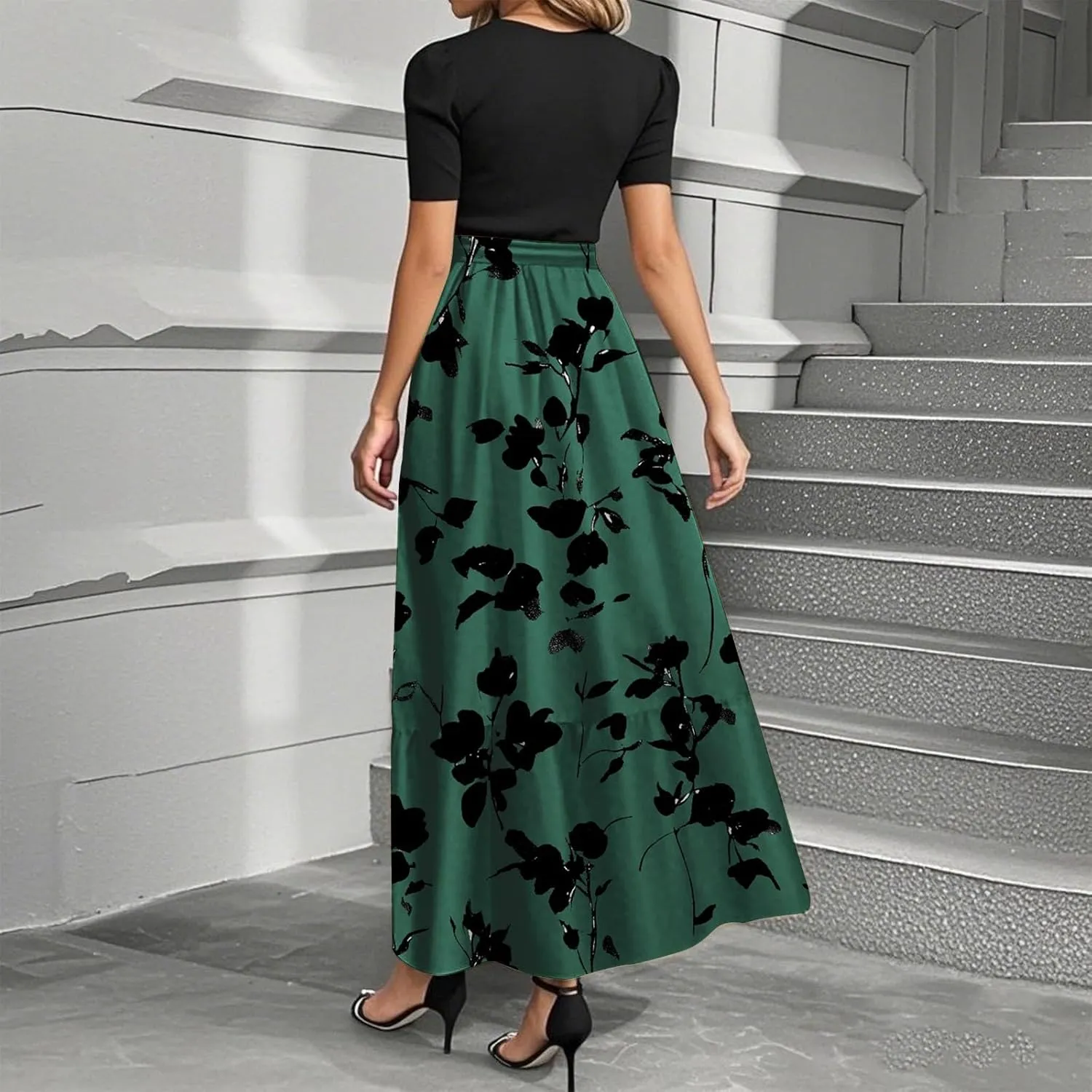 Women's Floral Summer Fashion Dresses Boho Tie Belted Patchwork Empire Waist Short Sleeve Ruffle Flowy Long Dress