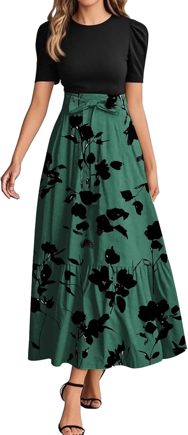 Women's Floral Summer Fashion Dresses Boho Tie Belted Patchwork Empire Waist Short Sleeve Ruffle Flowy Long Dress
