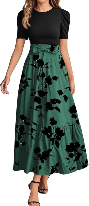 Women's Floral Summer Fashion Dresses Boho Tie Belted Patchwork Empire Waist Short Sleeve Ruffle Flowy Long Dress