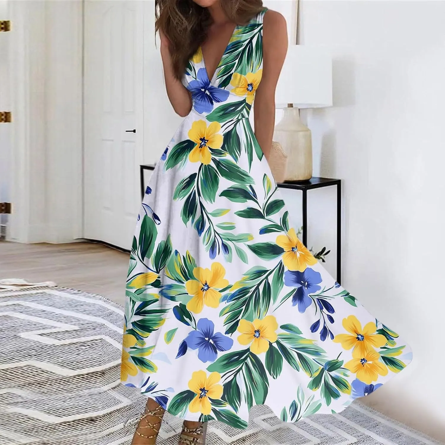 Women's Flowy Dresses Sleeveless V Neck Floral Empire Waist Beach Summer A Line Maxi Sundresses, S-2XL