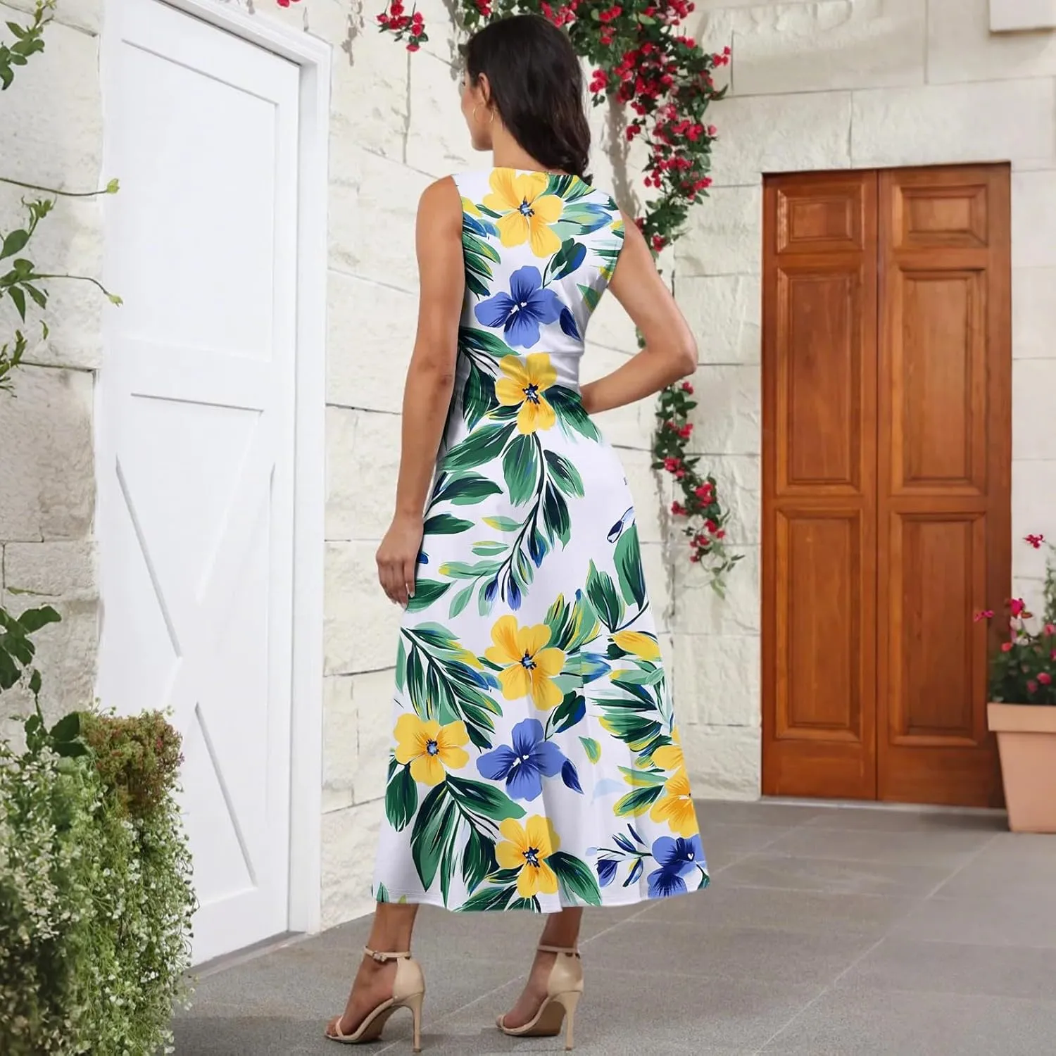 Women's Flowy Dresses Sleeveless V Neck Floral Empire Waist Beach Summer A Line Maxi Sundresses, S-2XL