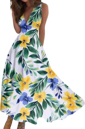 Women's Flowy Dresses Sleeveless V Neck Floral Empire Waist Beach Summer A Line Maxi Sundresses, S-2XL