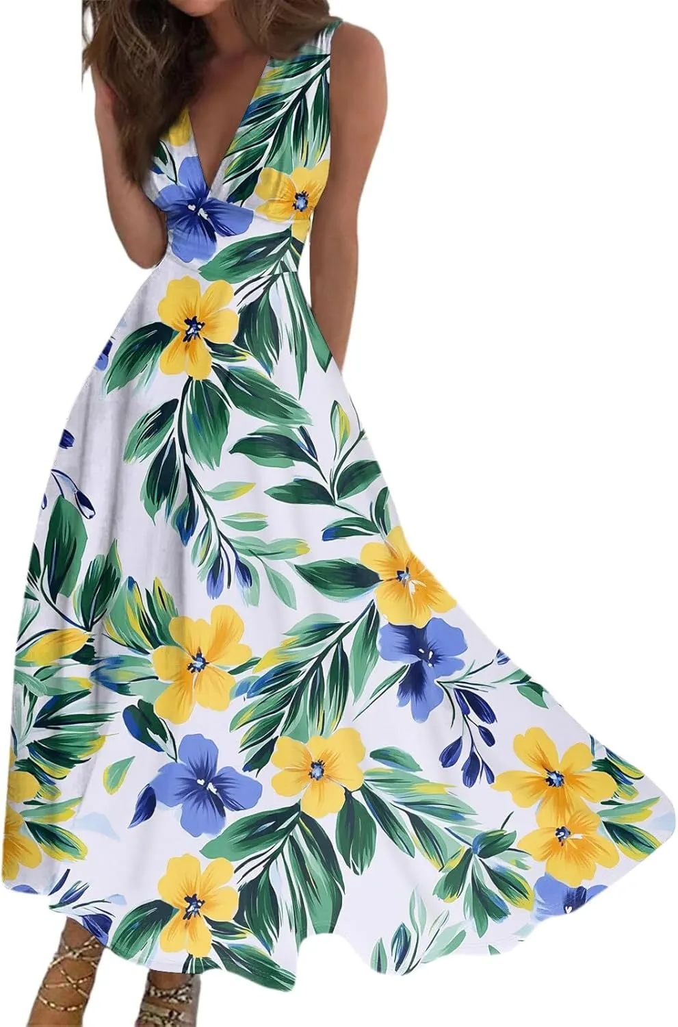 Women's Flowy Dresses Sleeveless V Neck Floral Empire Waist Beach Summer A Line Maxi Sundresses, S-2XL