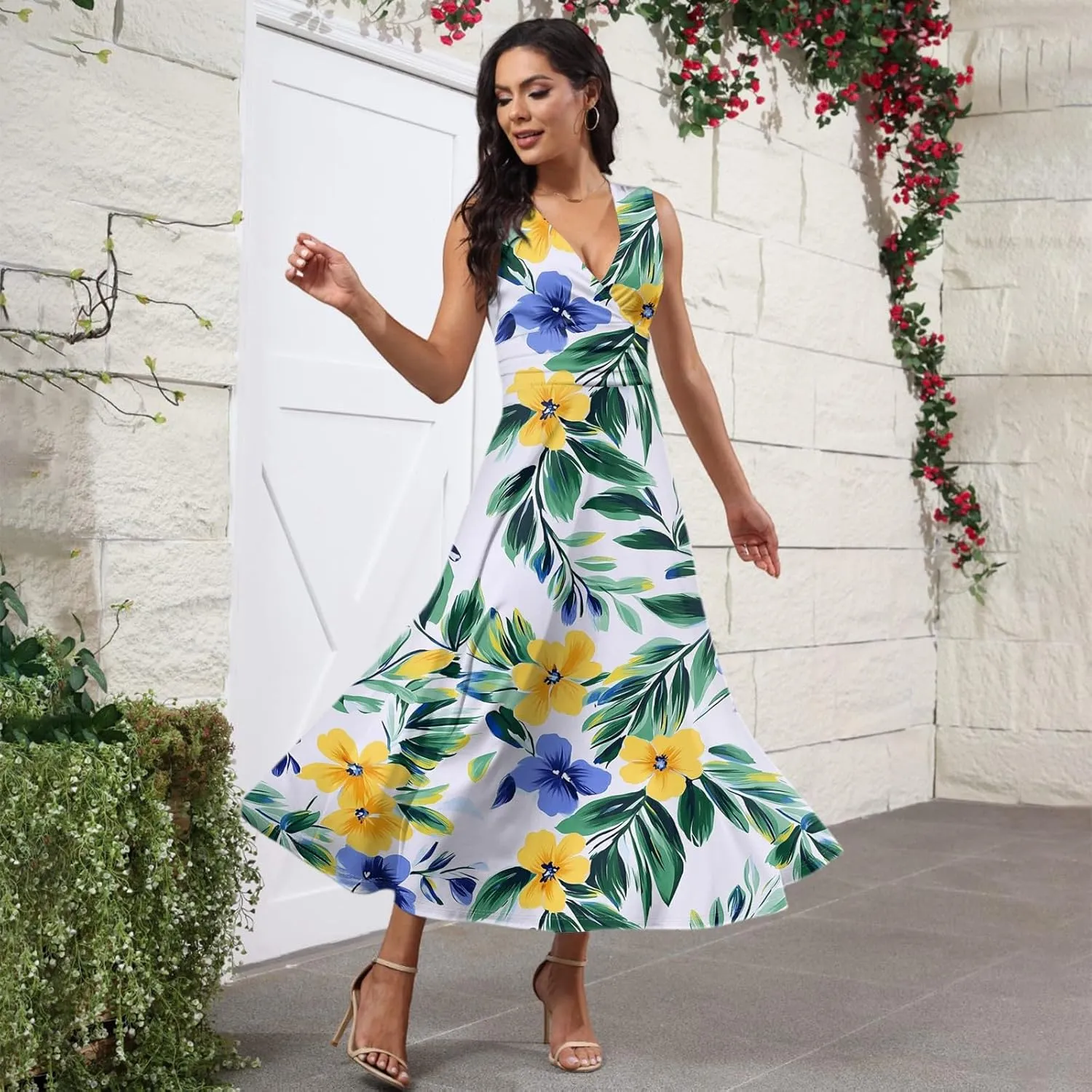 Women's Flowy Dresses Sleeveless V Neck Floral Empire Waist Beach Summer A Line Maxi Sundresses, S-2XL